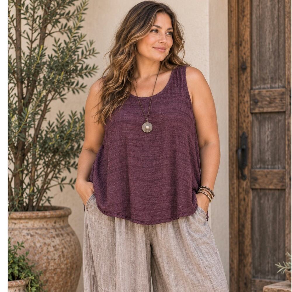 FLAX Womens Linen Sleeveless Top 2G 22 24 Purple Lagenlook Boho Indie Relaxed